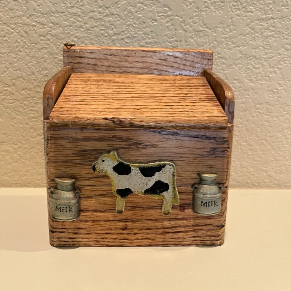 Vtg Hanging Recipe Farmhouse Wood Cottage Core Cow Milk Fits 4x6 cards